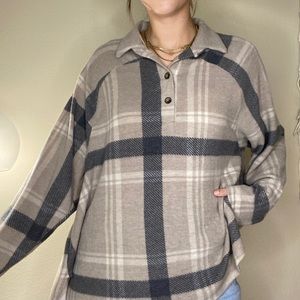 Plaid flannel fuzzy soft pull over button long sleeve top